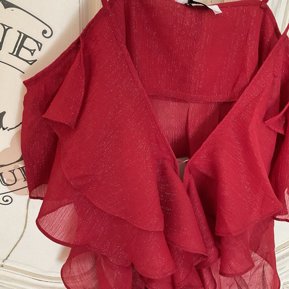 Rumored Tango Tank Red Shimmer Ruffled Adjustable Straps Size L NWT - Picture 6 of 15